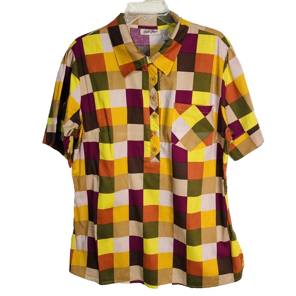 Gold Flava Plus Size 16 Orange Brown Yellow Geometric Short Sleeve Blouse Cotton - Picture 1 of 8